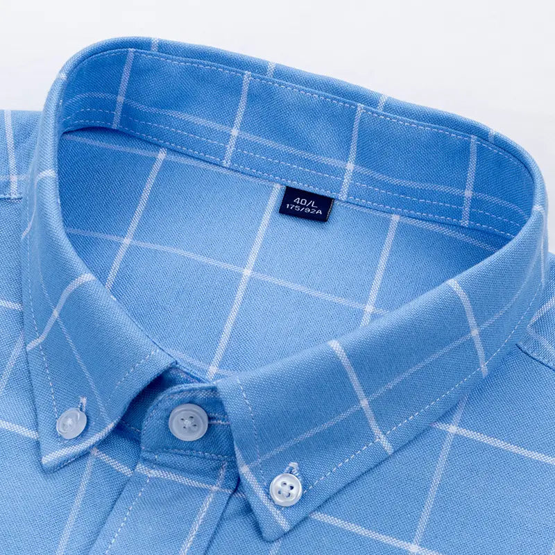 Men’s cotton oxford slim fit plaid shirt in light blue with a white grid pattern and matching buttons.