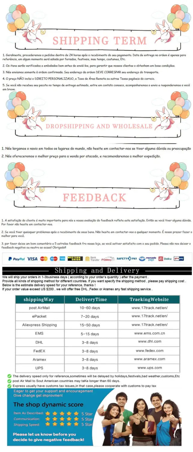 the back side of a promotional flyer for a pink balloon arch kit for wedding and birthday parties showing shipping terms delivery options and payment logos like paypal and visa in portuguese.