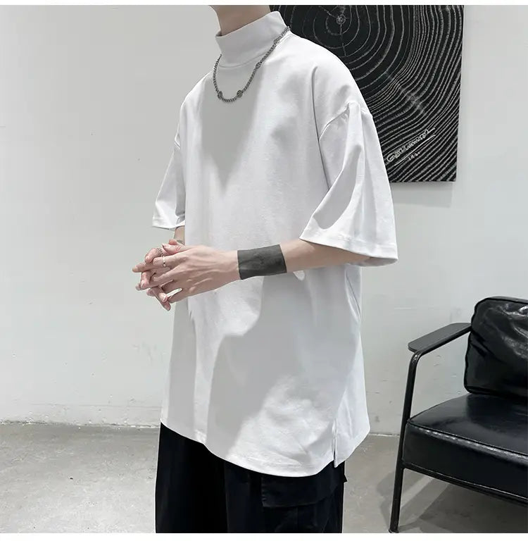 white oversized turtleneck t-shirt with high collar and short flared sleeves for casual streetwear
