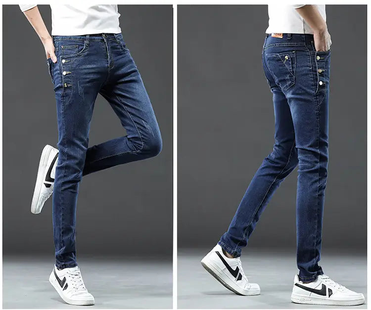 Jeans slim en denim extensible vintage pour hommes, lavage gris, en bleu foncé, avec poches latérales boutonnées et design à coupe slim.