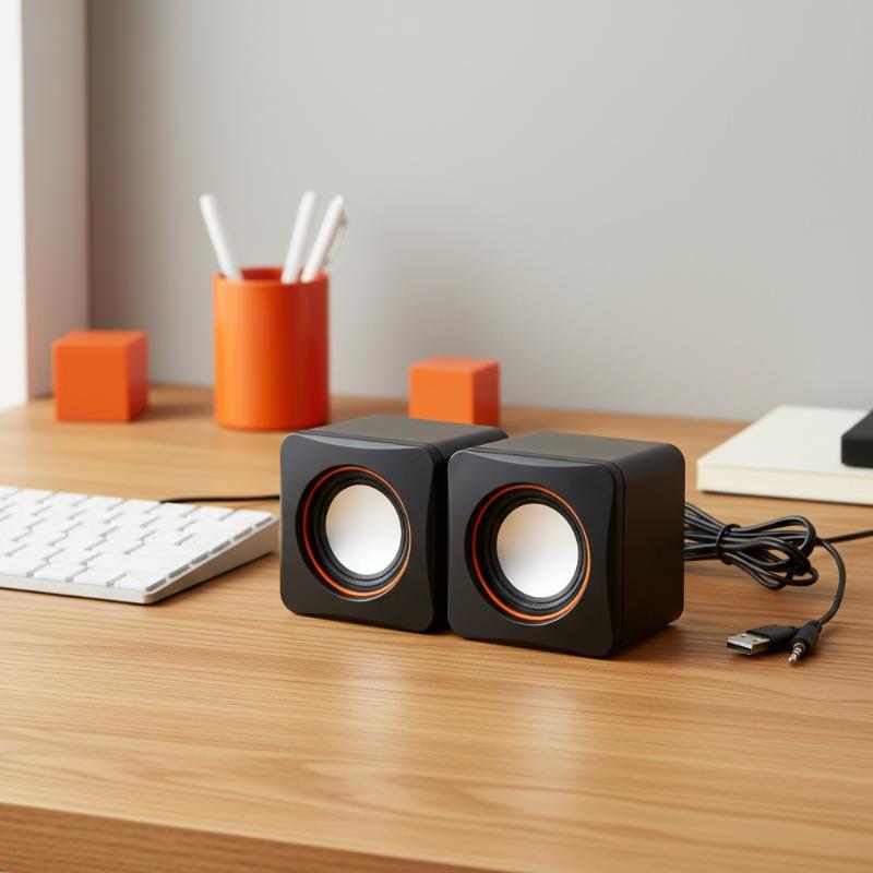 USB-Computerspeaker mit Mikrofon mit schwarzem würfelförmigem Design, weißen Treibern und orangefarbenen Zierleisten zur Verwendung am Desktop