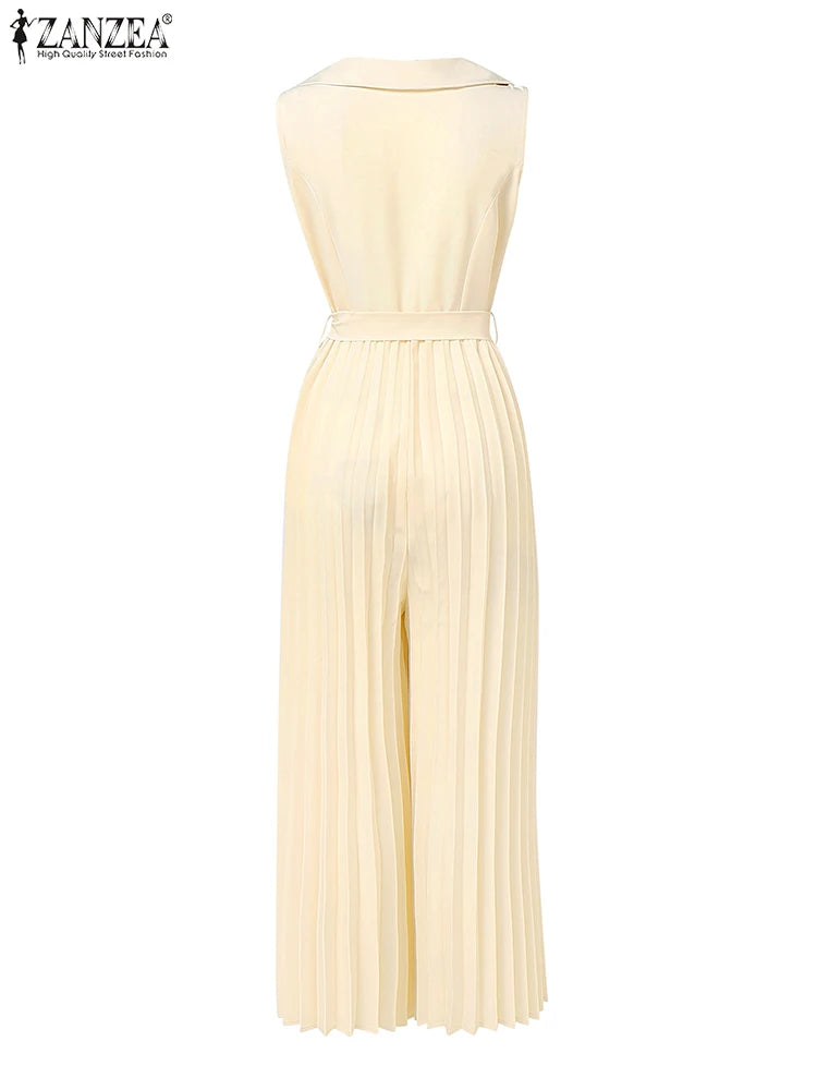 Fashion Women Jumpsuits 2026 ZANZEA Summer Rompers Elegant Wide Leg Work OL Overalls V Neck Sleeveless Pleated Playsuit Trousers