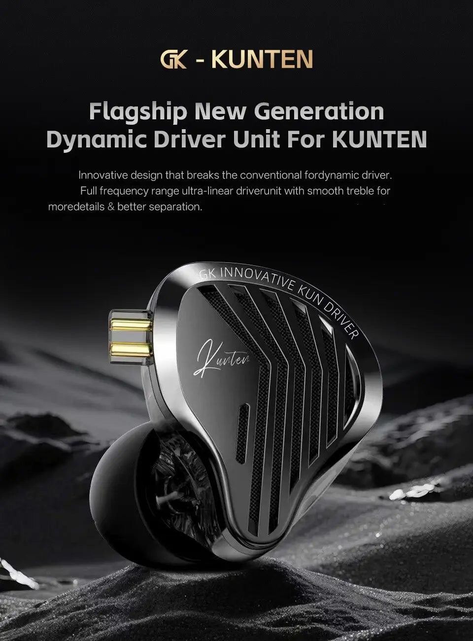 シルバーとブラックのGk Kunten Hifi有線インイヤーヘッドホン（マイク付き）。洗練された角張りのデザインとテクスチャーの施されたグリルを備えています。