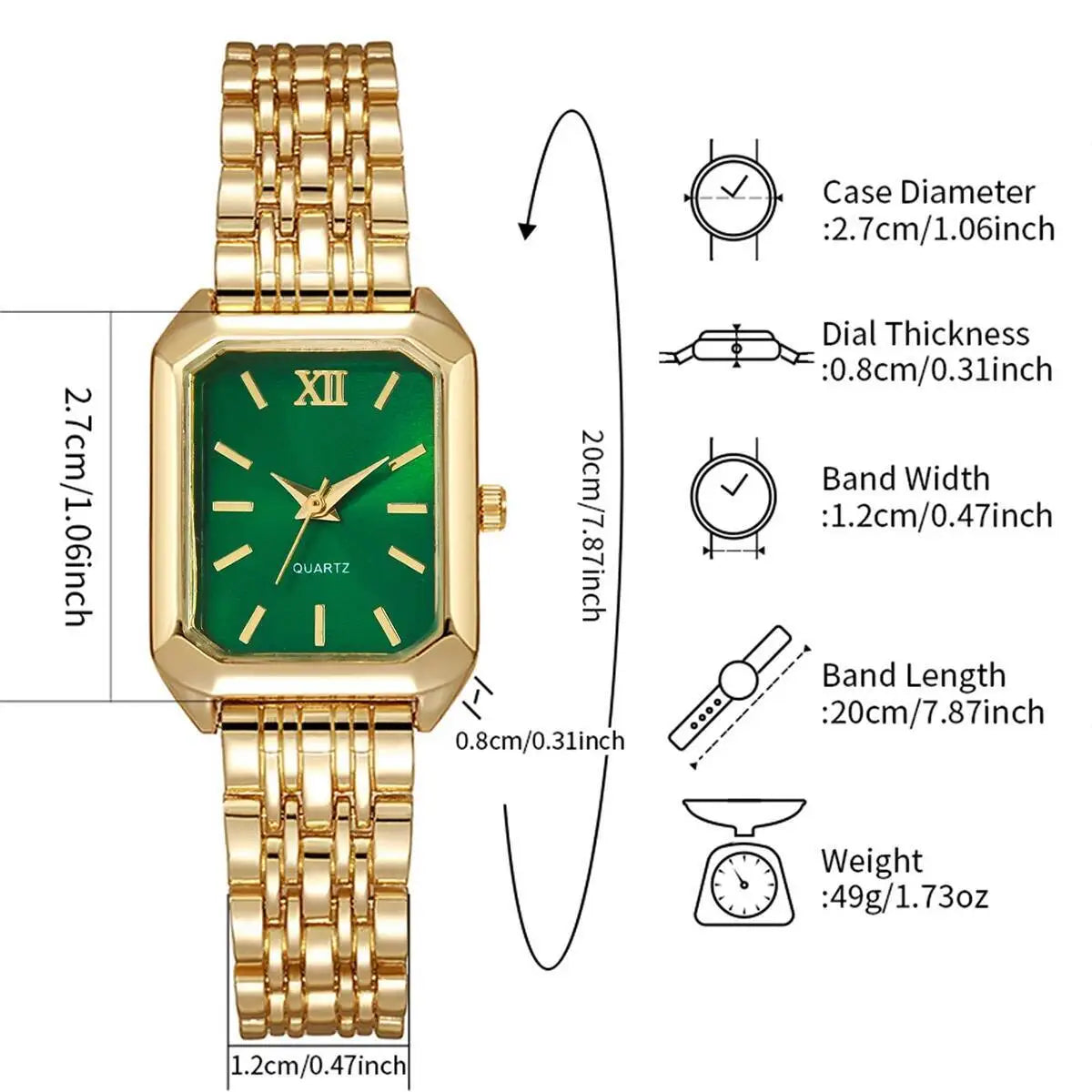 Women gold rectangle quartz watch with a gold-toned mesh strap and a vibrant green dial featuring gold-tone roman numeral hour markers.