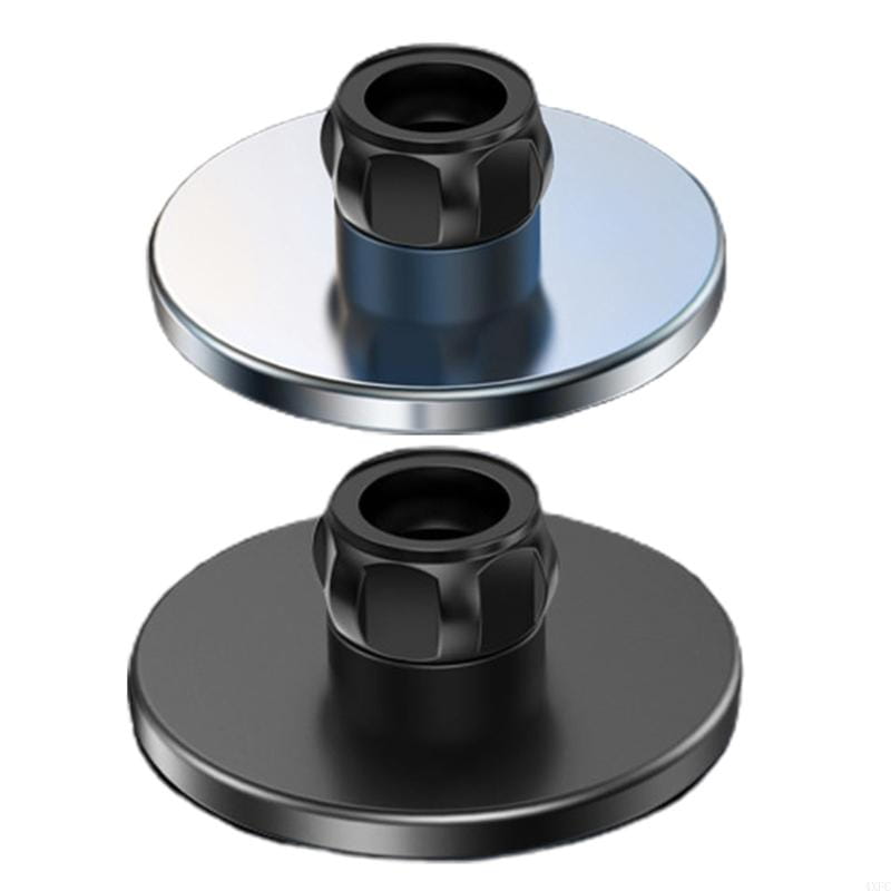 Zwei kreisförmige Magnet-Basisplatten für eine magnetische Autohalterung für das iPhone 12, 13, 14 und 15 mit polierter silberner und matter schwarzer Ausführung; jede Ausführung verfügt über einen zentralen sechskantigen Gewindestift.