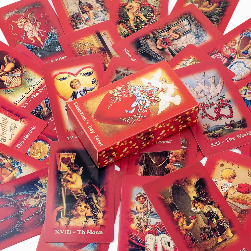 Red valentine tarot deck love oracle cards box with gold foil accents and an illustration of a white dove amidst floral designs.