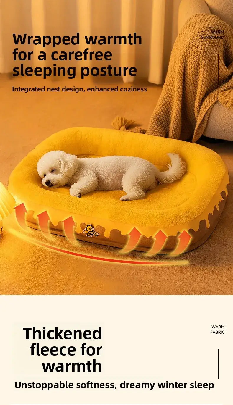 Yellow heated plush donut dog bed with fleece lining and cozy nest design featuring a bee accent for pet comfort