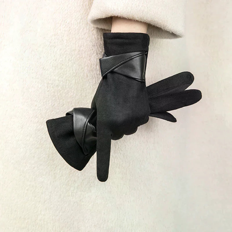 Warm Gloves With Velvet, Suitable For Women To Use In Winter, Touch Screen Elegant Bow Accessories, Cycling And Driving Gloves