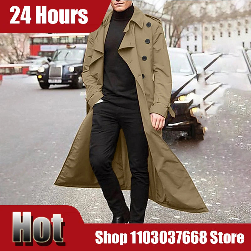 Men's Long-Slevee Luxury Full Length Trench Streetwear Casual Long Thin Coat Fashion Trench Coat Long Overcoat Winter Business
