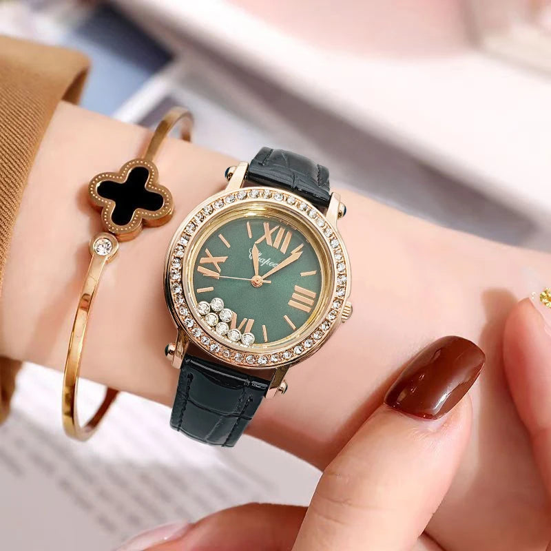 New Trendy Vintage Green Watch for Women, Stylish and Waterproof, with a Luxurious Diamond-Studded Design, Niche Camellia Style, Small Green Watch for Women, with Happy Diamonds
