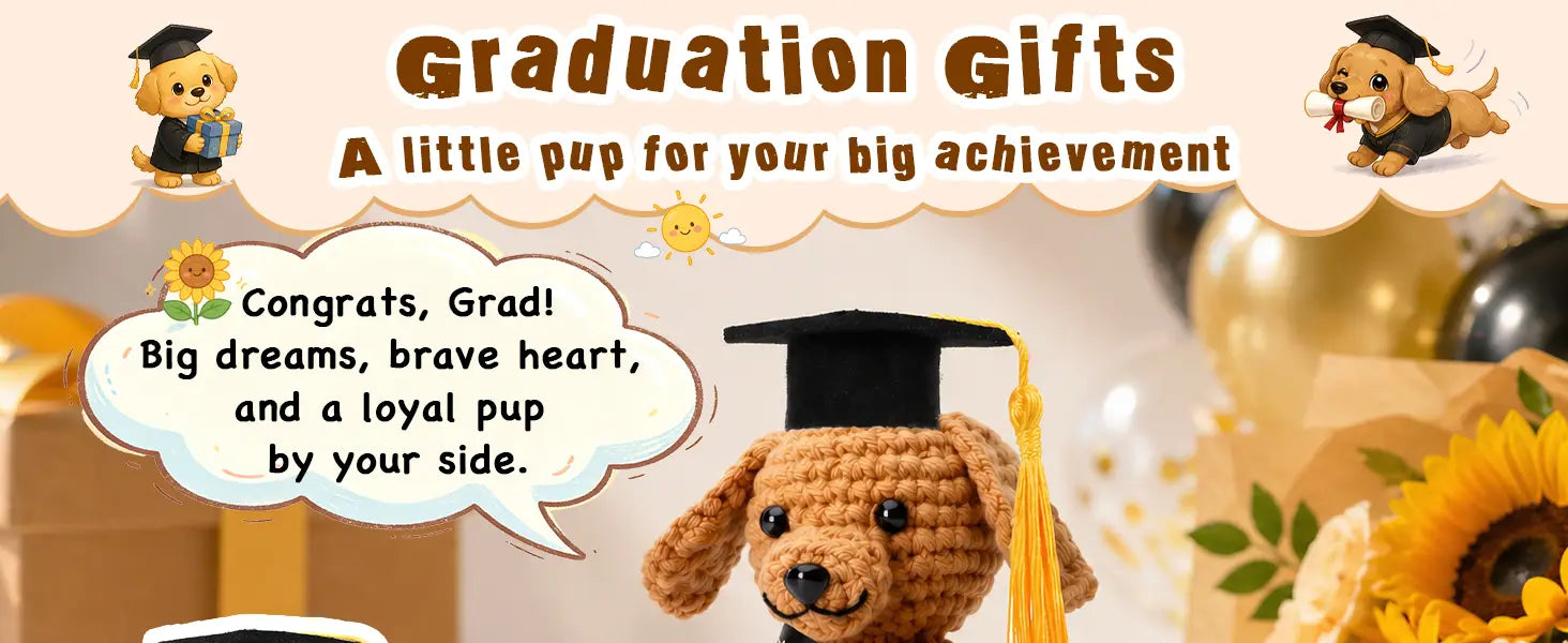 Figura tejida a crochet de un cachorro color canela con un birrete negro de graduación y un fleco amarillo, para el recuerdo de bolsillo de abrazo de graduación del cachorro tejido a crochet.
