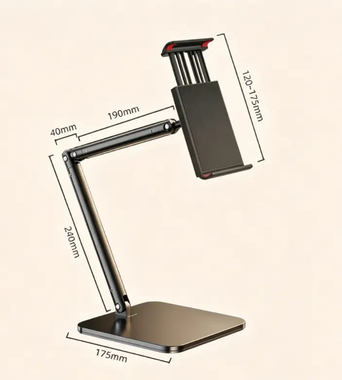 Black adjustable desktop holder with sleek minimalist design and red accent clamp provides stable support for inch smartphones.