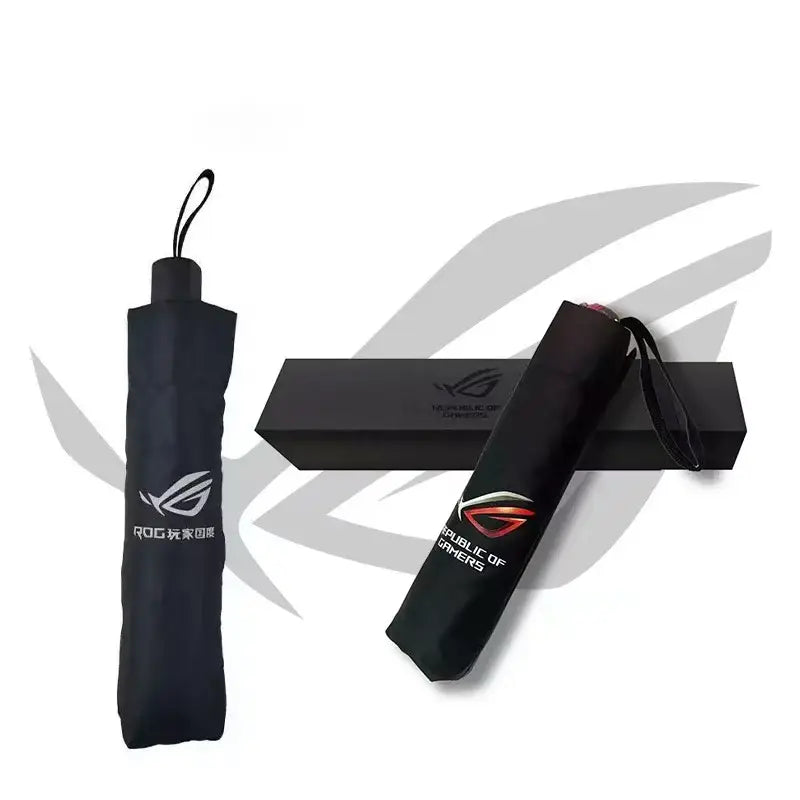 Paraguas compacto negro Asus ROG 9 Pro multifuncional con un logotipo rojo y blanco de ROG Republic of Gamers en el asa.