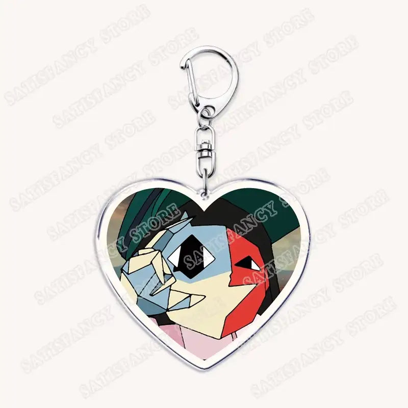 Anime-Herz-Acryl-Schlüsselanhänger mit silbernem Metallrahmen und Clip mit einer illustrierten geometrischen Gestaltung zweier stilisierter Gesichter in Grün, Rot, Blau und Beige, ideal als Geschenk für Gamer.