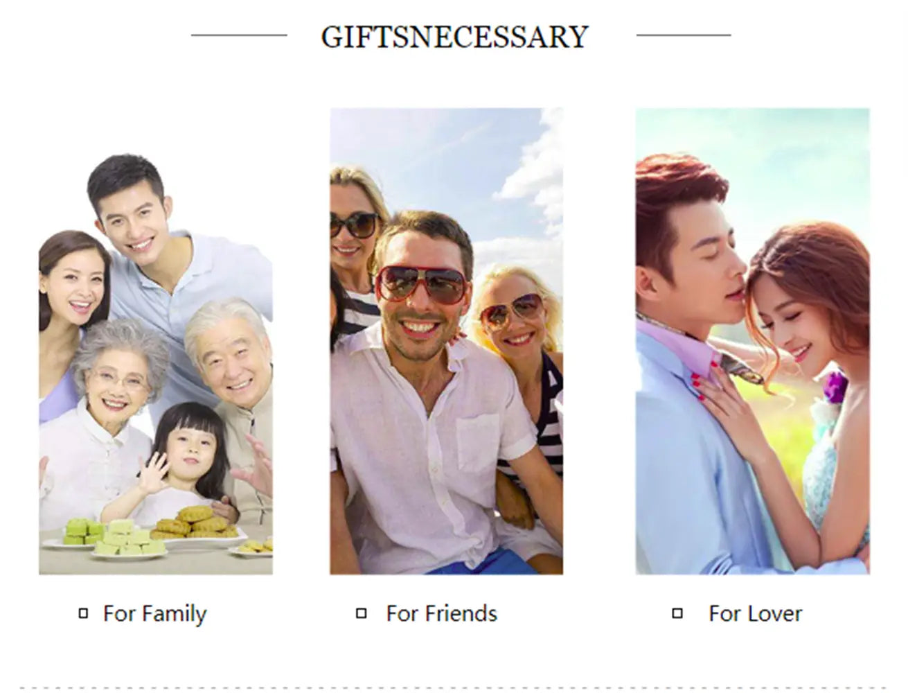 the image displays a custom name stainless steel keychain in silver with three photographic scenes labeled for family, friends, and lover under the giftsnecessary banner.