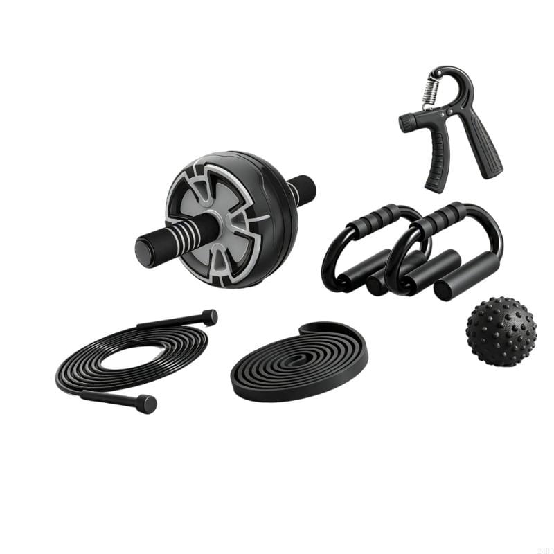 Black and gray ab roller with textured grip surface designed for real time tracking in the 6-in-1 ab roller wheel set