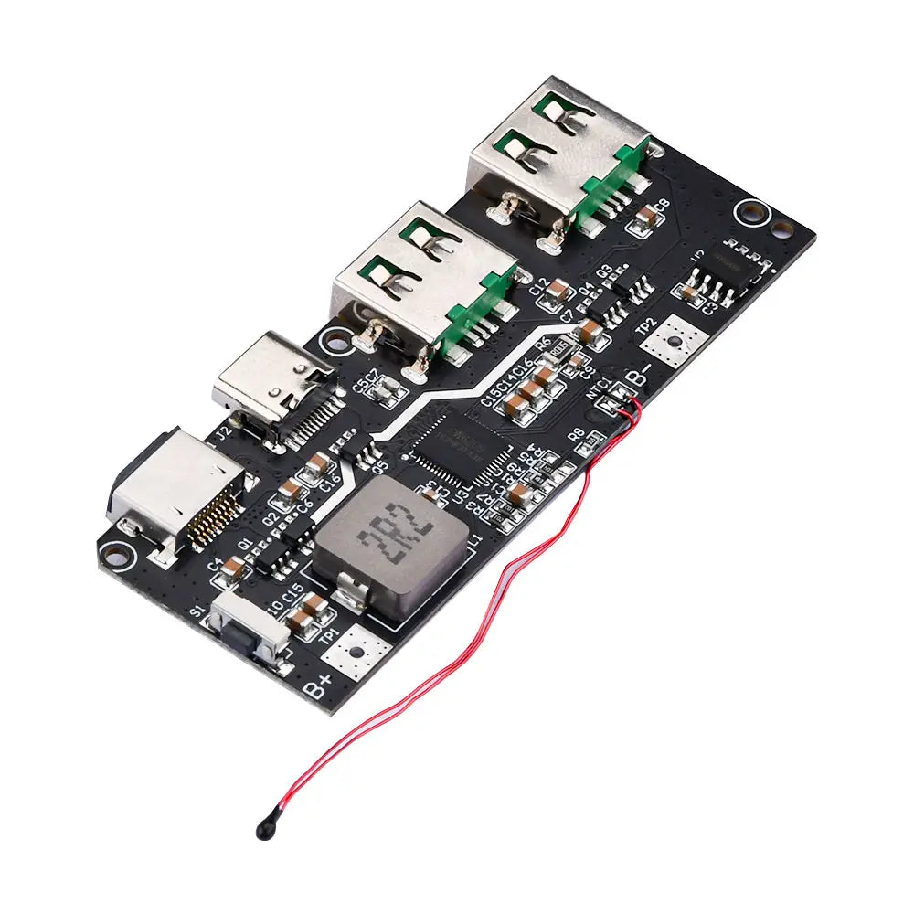 black rectangular usb charging board with three silver usb ports, one micro-usb port, and electronic components for 22.5w fast charging wireless charger module with lcd display featuring output support