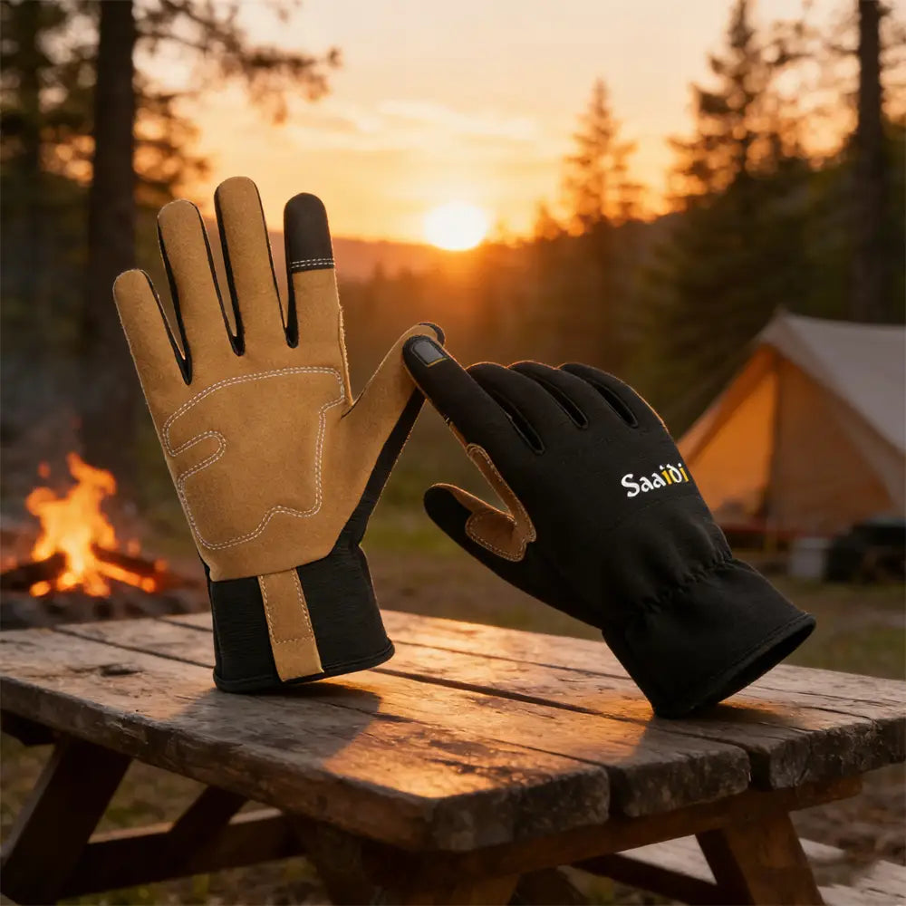 Schwarz-hellbraune Saatbi Touchscreen-Gartenarbeitshandschuhe mit verstärkten Lederhandflächen und verstellbaren Handgelenkriemen, von der Rückseite gezeigt.