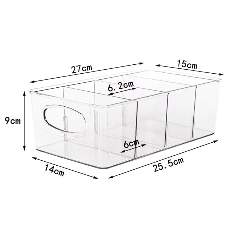 clear plastic food storage bin with built-in handle and internal dividers for organized pantry food container use
