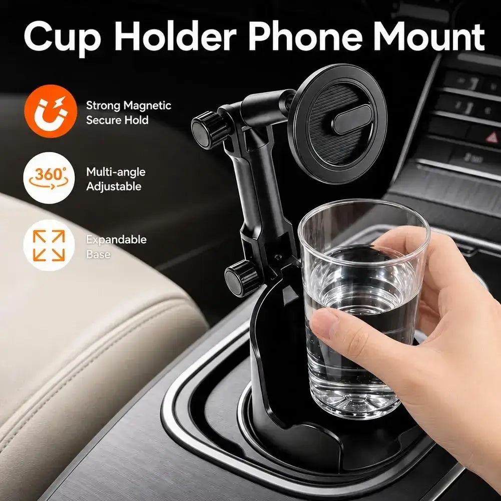 Black cup holder phone mount with strong magnet and adjustable arm for eye level mounting in car drink base
