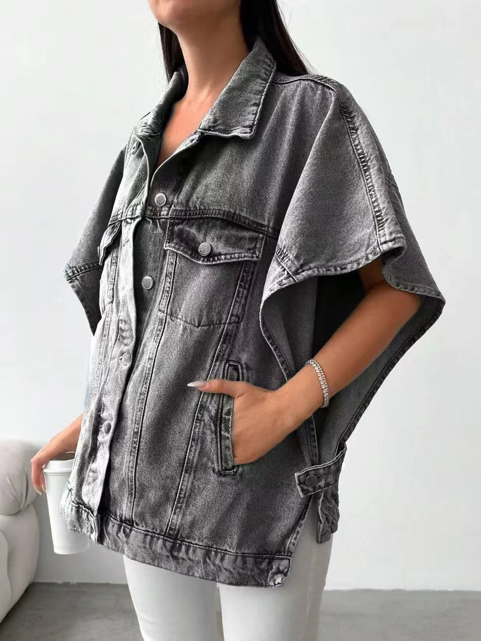 Women's Gray Denim Jacket, Short-Sleeve Casual Loose Top