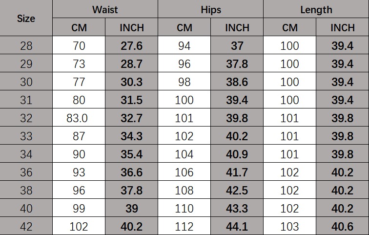 Tableau des tailles détaillé pour l’ensemble de costume slim fit pour homme avec 9 pantalons courts à la cheville, indiquant les mesures en centimètres et en pouces pour les tailles 28 à 42, incluant des informations sur le type de fermeture.
