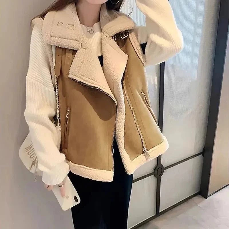 Women Vest Jacket Autumn Winter Lamb Wool Gilet Korean Fashion Sleeveless Waistcoat Solid Thick Warm Zipper Coat Chaleco Mujer