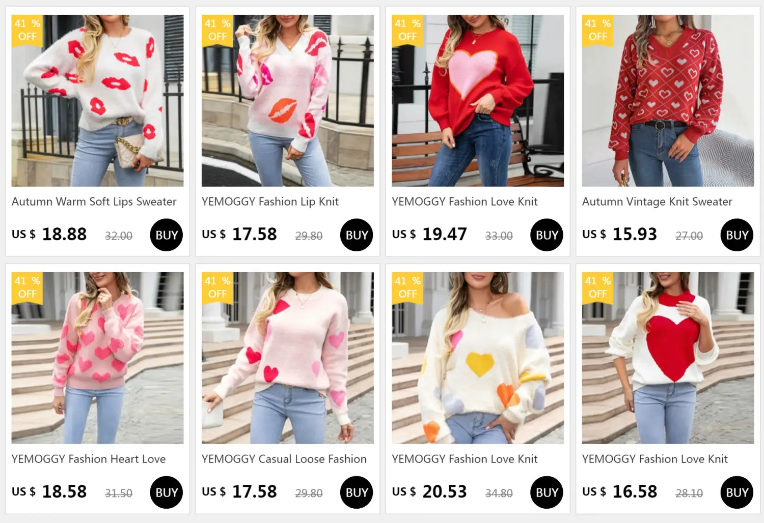 a cozy long-sleeved cotton knit sweater with a playful pattern of red lips and hearts paired with high waist denim shorts casual women available in various tag sizes and ship within business days with length measured in inch-cm
