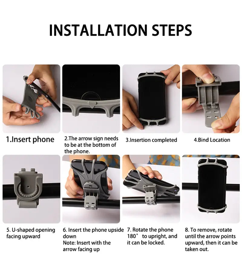 Soporte universal para teléfono de bicicleta de silicona gris de plástico con soporte ajustable negro para el teléfono y abrazaderas.