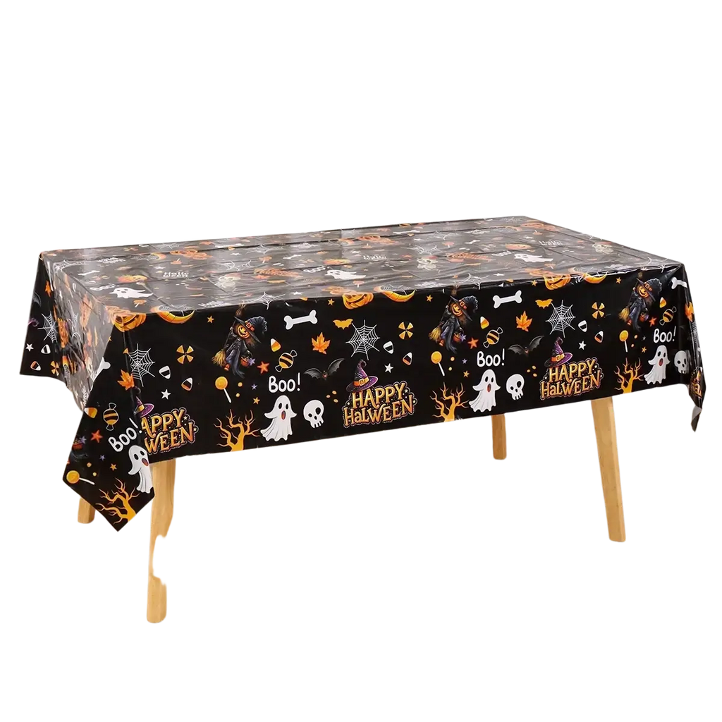Black plastic halloween tablecloth with orange and white ghosts pumpkins spiders and happy halloween text pattern