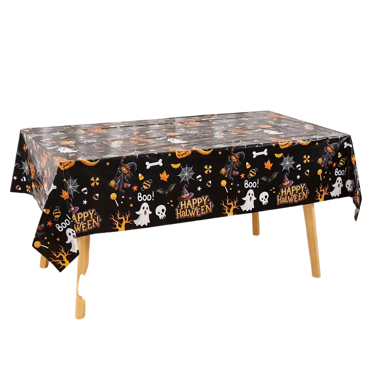 Black plastic halloween tablecloth with orange and white ghosts pumpkins spiders and happy halloween text pattern