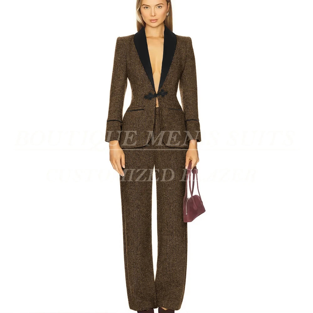 Formal Women's Suits Tweed Single Button Shawl Lapel Slim Fit 2 Piece Jacket Pants Luxury Office Lady Female Clothing Outfits