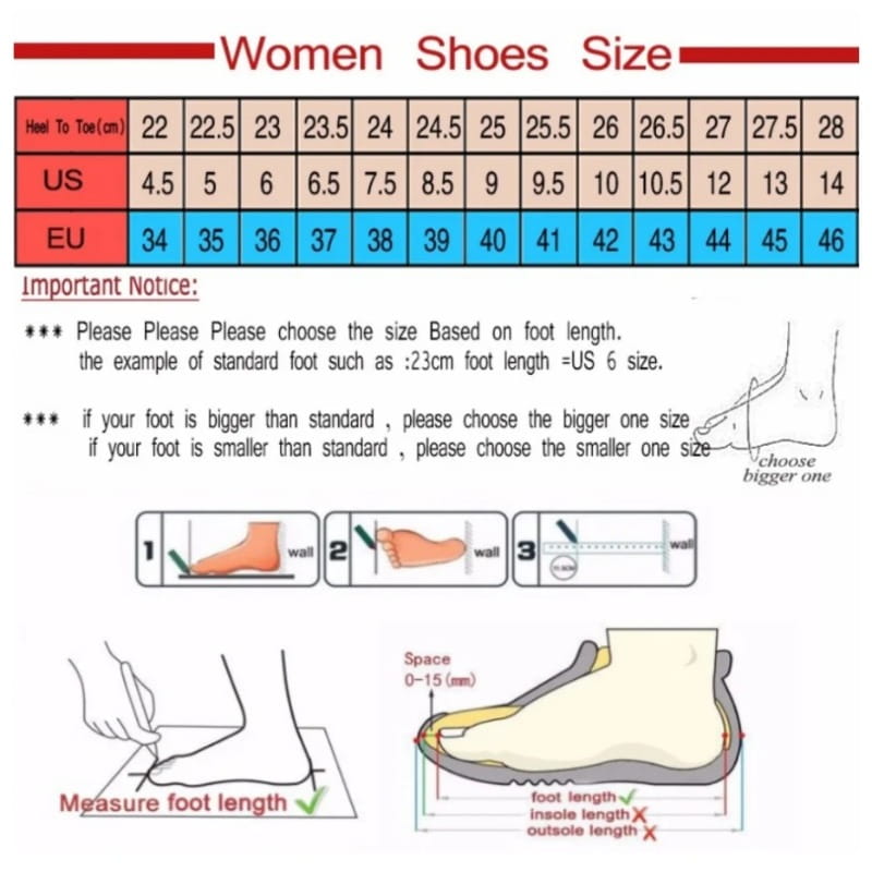 Damenschuhgrößentabelle mit US- und EU-Maßen, Fußdiagrammen und Größenvorgaben für Kristall-Hochzeitschuhe, Plateau-Bridal-Heels.