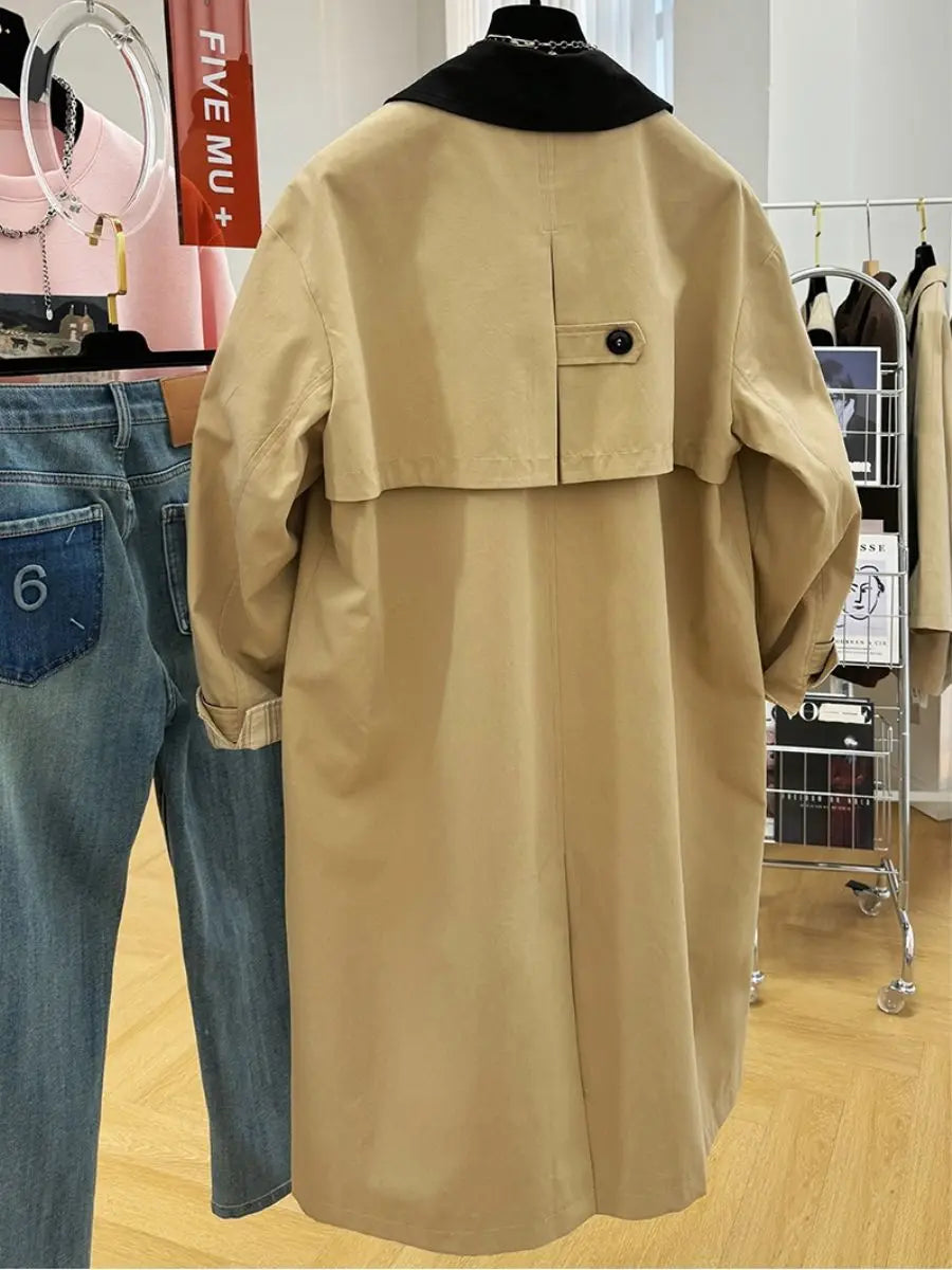 2025 new high-end  contrasting color lapel long trench coat women's spring and autumn loose casual foreign style tooling jacket