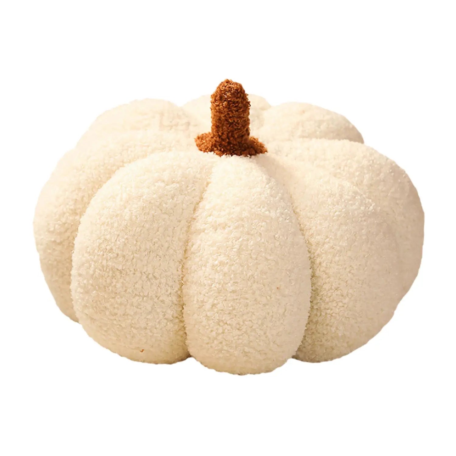 Coussin décoratif en peluche en forme de citrouille de couleur crème, avec une surface duveteuse texturée et une tige brune, adapté aux coussins en forme de citrouille d’Halloween.