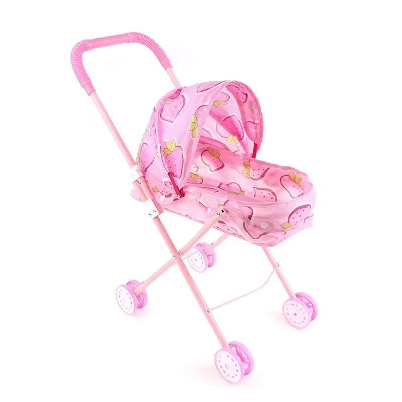 Puppenwagen für 12-Zoll-Babypuppen mit einem rosa Kunststoffrahmen und Rädern mit rosa Erdbeermuster.