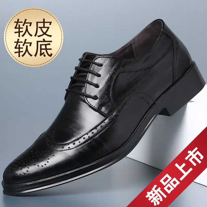 Men’s black leather brogue dress shoe with lace-up closure and soft sole designed for formal wear.