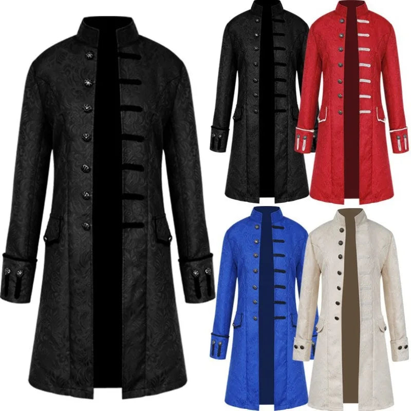 Men Gothic Steampunk Long Coat Vintage Uniform Jacket Medieval Pirate Costume Halloween Party Cosplay Retro Trench Overcoat