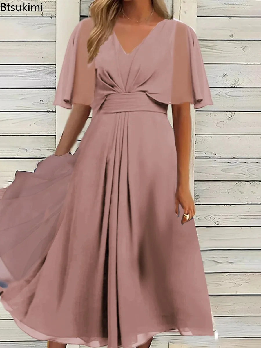 2026 Women's Evening Party Dress Plus Size Long Elegant  A Line V Neck Ruffles Chiffon Formal Wedding Dress Robe Dazzling Dress