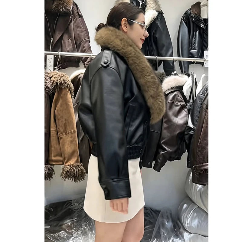 Jackets Winter Women's 2026 New Fashion Fur Collar PU Leather Women's Winter Jacket Chic Youth Unique Street Warm Outerwear Coat