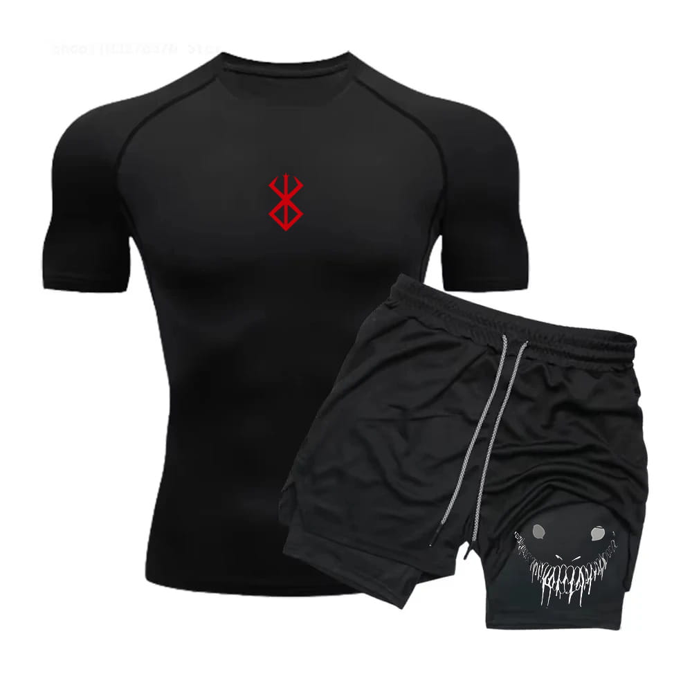 Herren-Anime-Kompressionsshirt- und -Shorts-Set aus schwarzem Sportmaterial mit einem kurzärmeligen Oberteil mit rotem Emblem sowie Shorts mit weißem Grafikdesign.