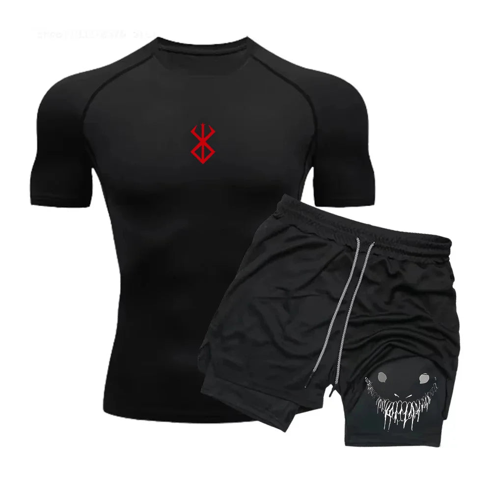 Men Compression Athletic Fitness Wear - Quick-Dry Tight Short-Sleeve Anime Double-Layer Shorts Summer Set Fitness Running Set