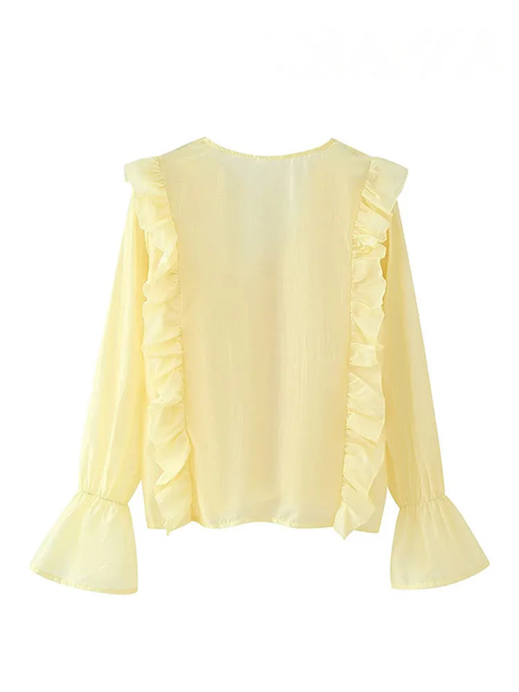 HH Woman's New Fashion Chic Blouses Yellow V-Neck Long Sleeves Bow Lace-Up Decoration Female Summer Casual Slim Shirts
