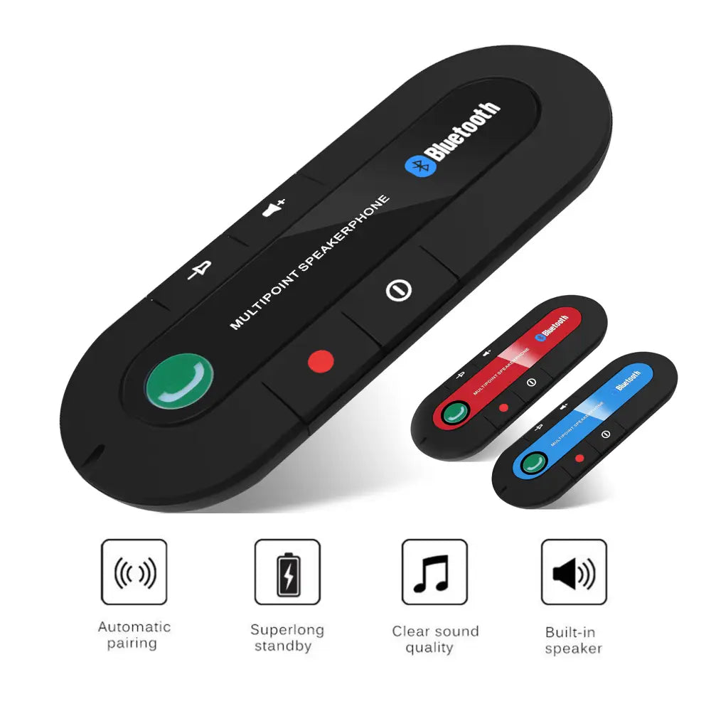 Black bluetooth car speakerphone wireless visor kit with multipoint connectivity green call button red mute button and sleek oval design.