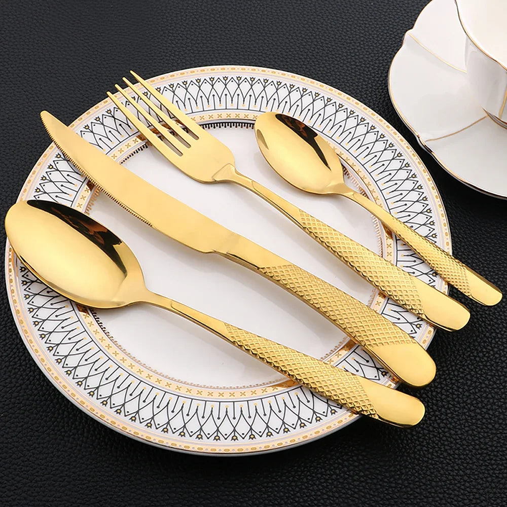 16PCS Dinnerware Stainless Steel - Black Cutlery Set, Mirror Polished, Dishwasher Safe, Includes Knives, Forks & Spoons