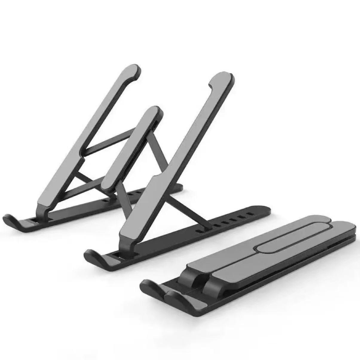 Black and gray adjustable foldable laptop stand with a sleek minimalist design for ergonomic use.