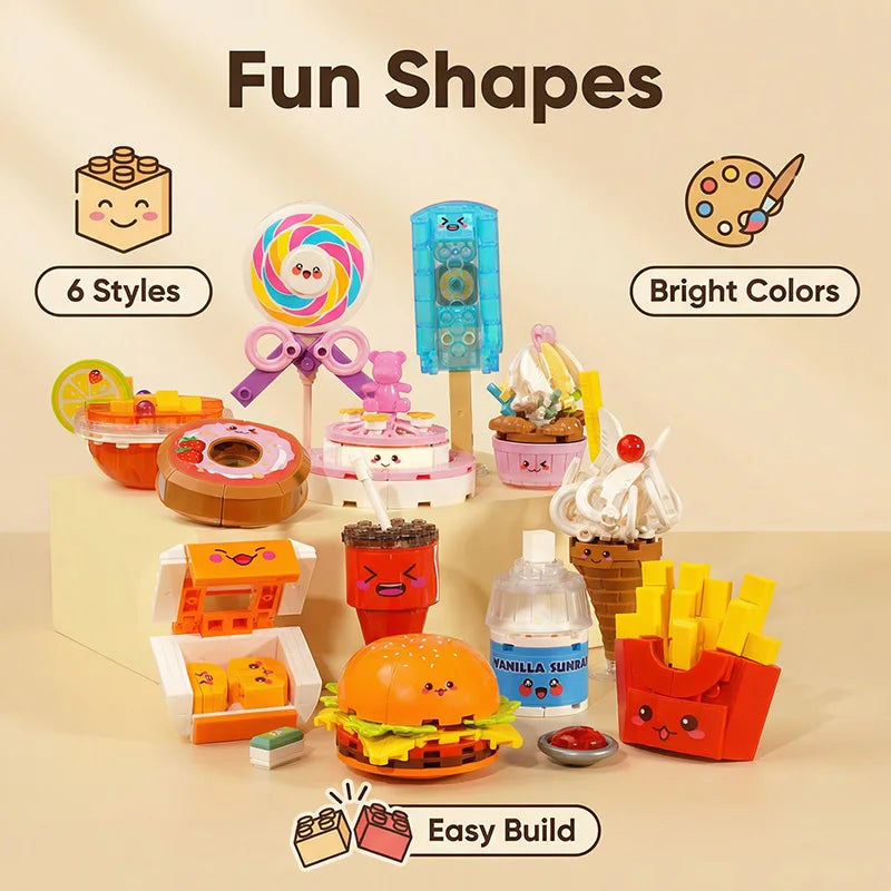 Building blocks, creative and cute food, happy fast food, jigsaw puzzle, sweet words, small particles, educational assembly toys