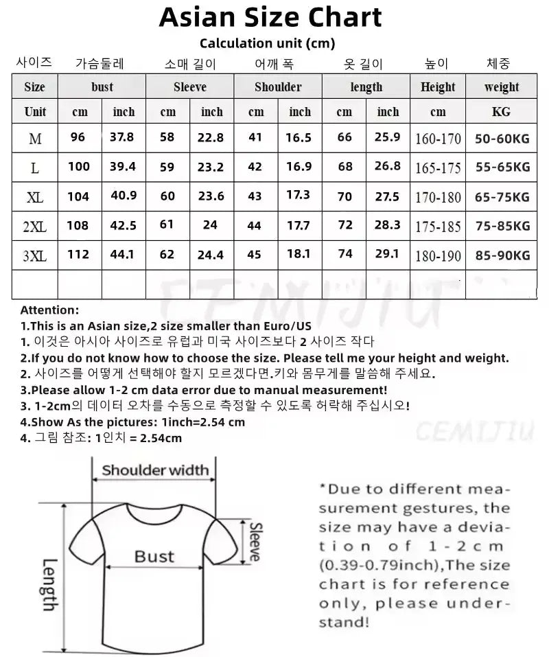 Asiatische Größentabelle für Herren-Sweater mit halbem Reißverschluss aus Designer-Zopfmusterstrick, mit Maßangaben in Zentimetern und Zoll für Größen von M bis 3XL sowie zugehörigen Gewichtsspannen.