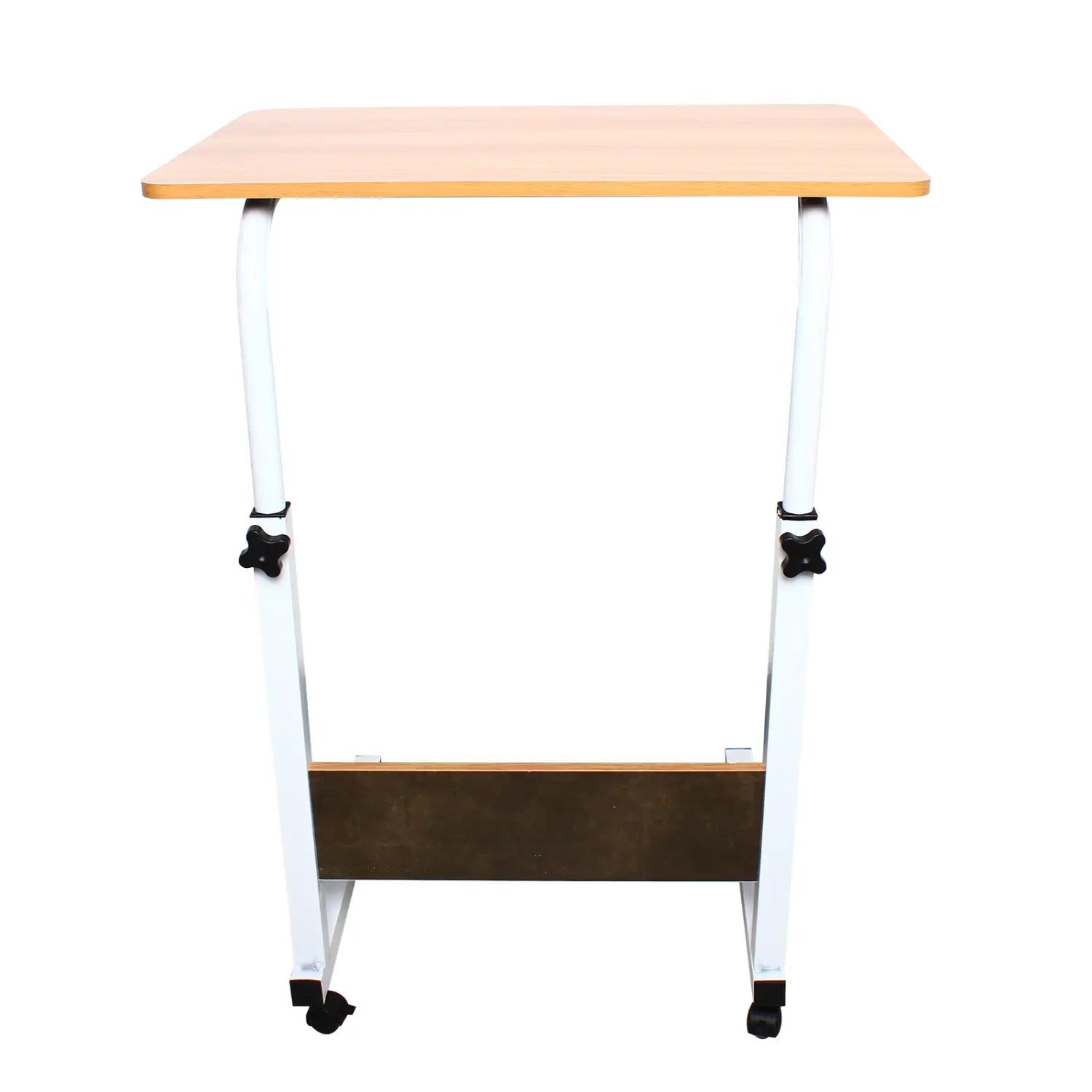 Tablette roulante pour ordinateur portable à hauteur réglable, avec plateau à grain de bois clair et structure en métal blanc, équipée de roues pivotantes noires pour plus de mobilité.