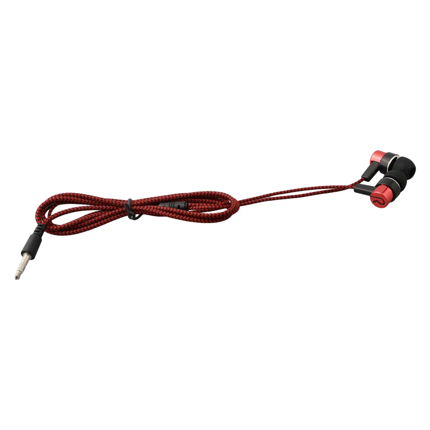 Rote und schwarze Bass-Stereo-Kopfhörer für den In-Ear-Bereich mit geflochtenem Kabel und Lautstärkeregelung für ein verbessertes Audioerlebnis über den 3,5-mm-Klinkenstecker
